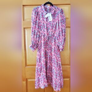 ESQUALO Pink Floral Print Midi Dress with Long Sleeves